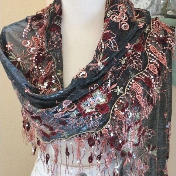 Leon Embellished Fringed Long Scarf Fairycore Ethereal - Picture 2 of 11